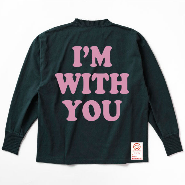 【Perfect ribs×A LOVE MOVEMENT】"I'M WITH YOU" Side Slit Long Sleeve T Shirt / Charcoal Green×Pastel Pink (サイドスリット ロングスリーブ ティーシャツ/チャコールグリーン×パステルピンク)