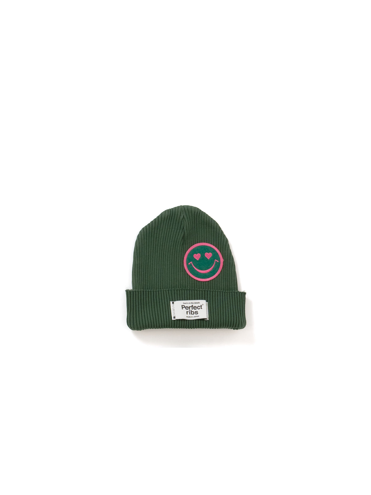 【Perfect ribs®︎×A LOVE MOVEMENT】"LOVE Smile Patch" Basic Rib Beanie Cap / Olive Green(ベーシック リブビーニーキャップ/オリーブグリーン)