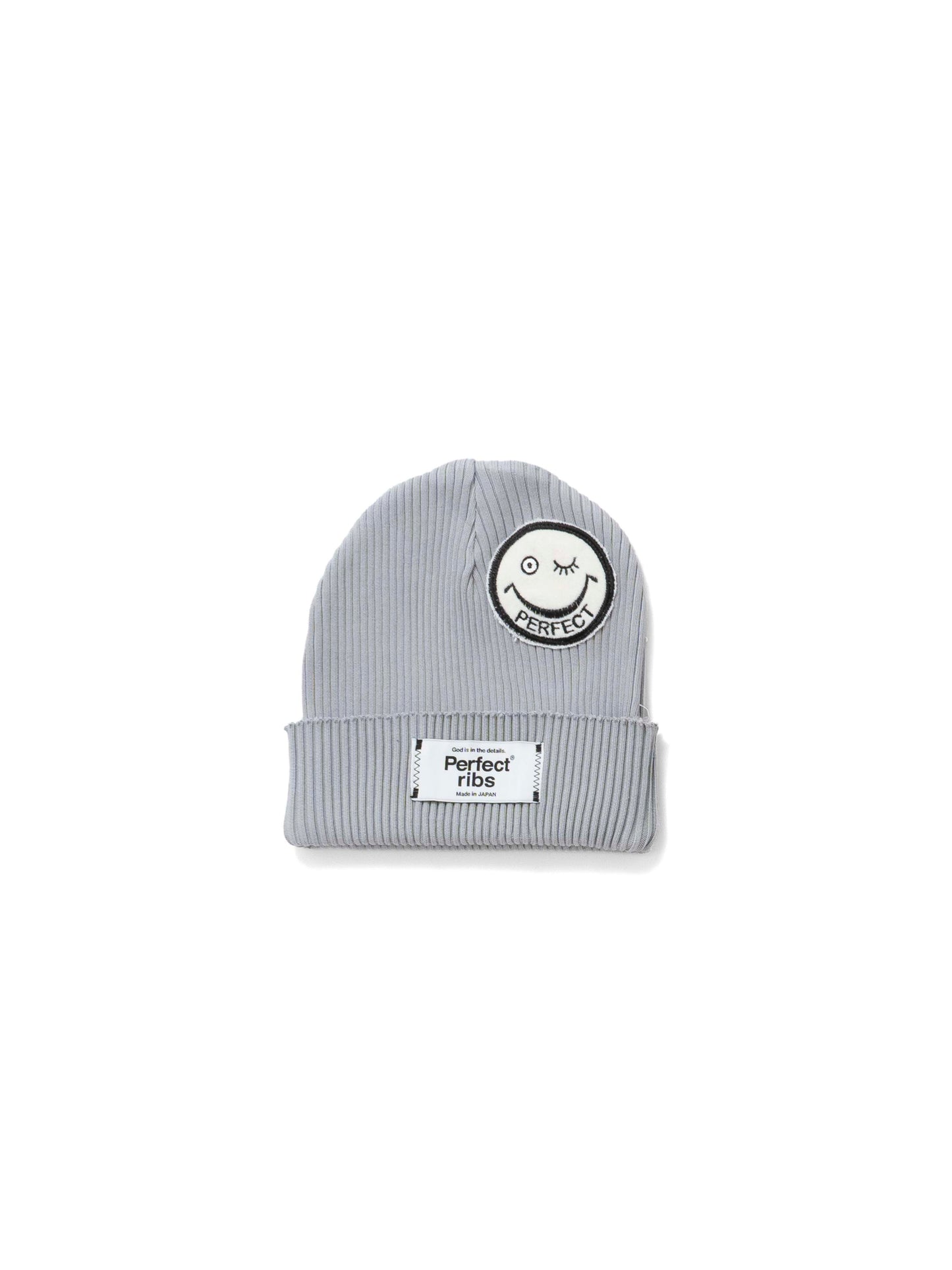 【Perfect ribs®︎×A LOVE MOVEMENT】"SMILE Patch" Rib Beanie Cap / Gray(リブ ビーニー キャップ/グレー)