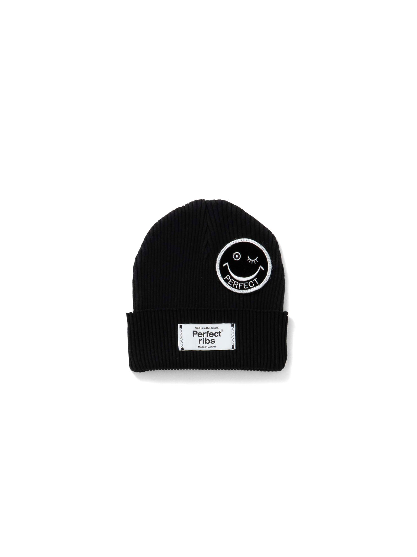 【Perfect ribs®︎×A LOVE MOVEMENT】"SMILE Patch" Rib Beanie Cap / Black(リブ ビーニー キャップ/ブラック)