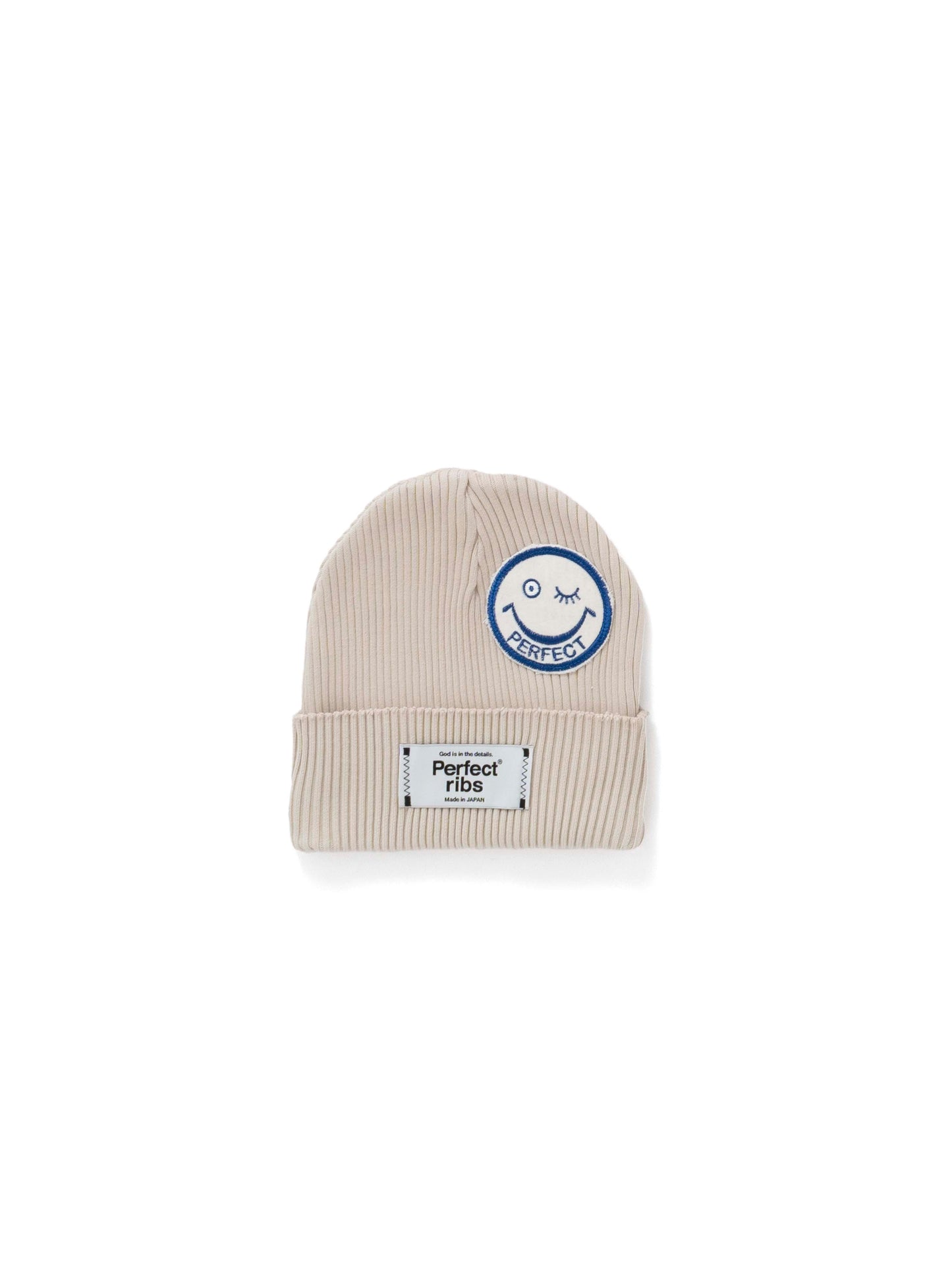 【Perfect ribs®︎×A LOVE MOVEMENT】"SMILE Patch" Rib Beanie Cap / Ivory(リブ ビーニー キャップ/アイボリー)