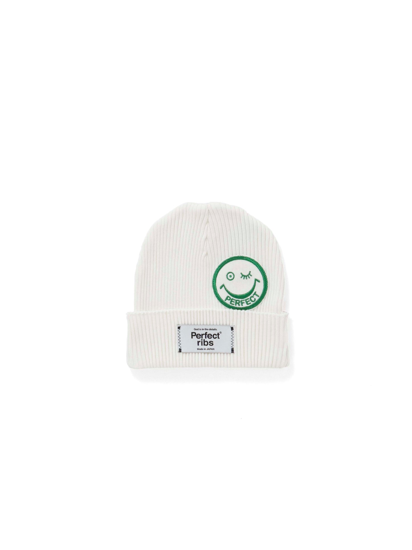 【Perfect ribs®︎×A LOVE MOVEMENT】"SMILE Patch" Rib Beanie Cap / White(リブ ビーニー キャップ/ホワイト)