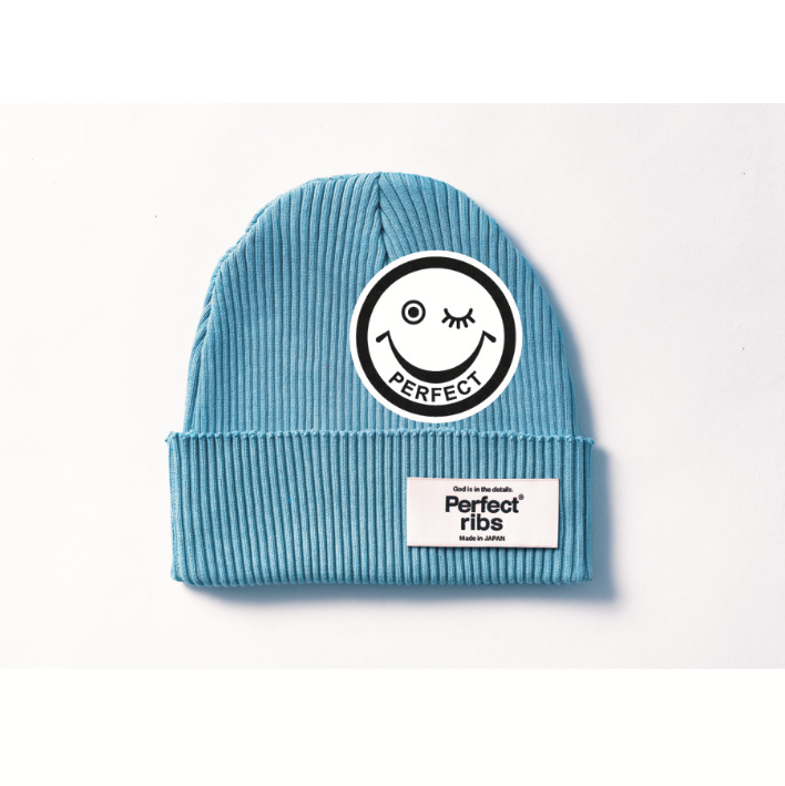【Perfect ribs×A LOVE MOVEMENT】"SMILE Patch" Rib Beanie Cap / SAX×White (リブ ビーニー キャップ/サックス×ホワイト)