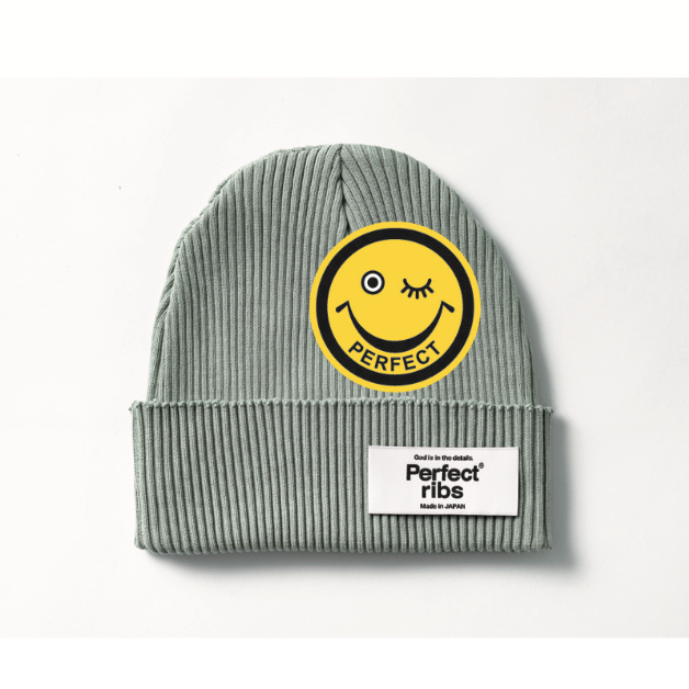 【Perfect ribs×A LOVE MOVEMENT】"SMILE Patch" Rib Beanie Cap / Gray×Yellow (リブ ビーニー キャップ/グレー×イエロー)