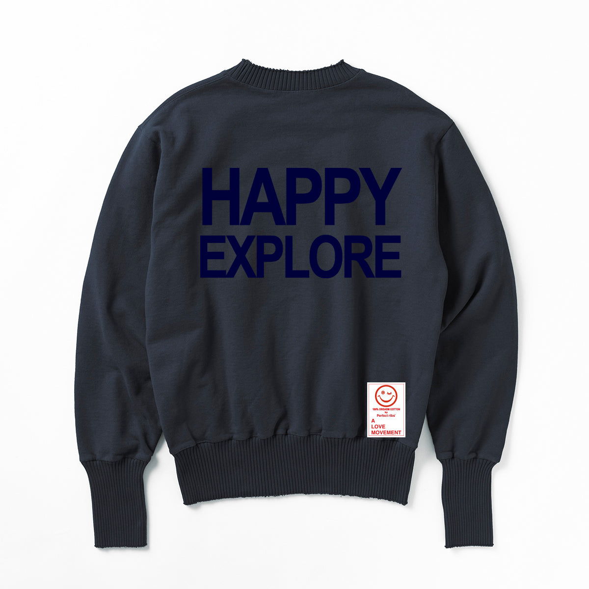 Exclusive Color【Perfect ribs×A LOVE MOVEMENT】"HAPPY EXPLORE" Basic Crew Neck Sweat Shirt / Vintage Black×Ink Blue (ベーシック クルーネック スウェット/ヴィンテージブラック×インクブルー)