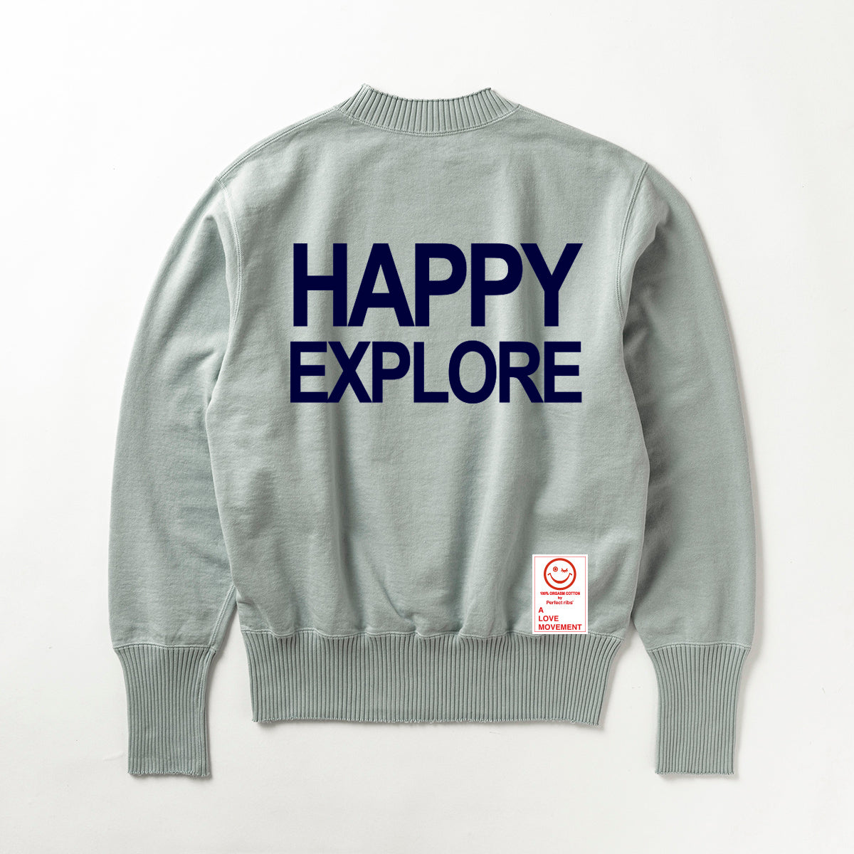 Exclusive Color【Perfect ribs×A LOVE MOVEMENT】"HAPPY EXPLORE" Basic Crew Neck Sweat Shirt / Gray×Royal Blue (ベーシック クルーネック スウェット/グレー×ロイヤルブルー)