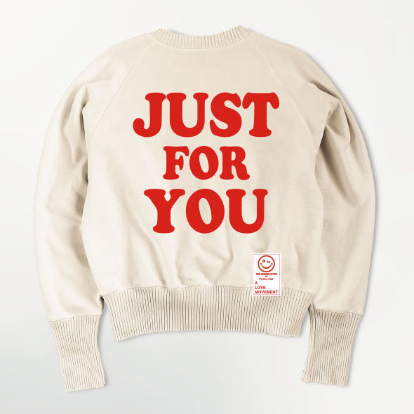 【Perfect ribs×A LOVE MOVEMENT】"JUST FOR YOU" Strange Sleeve Crew Neck Sweat Shirt / Oatmeal×Soft Pearl (ストレンジスリーブ クルーネック スウェット/チャコールグリーン×ソフトパール)