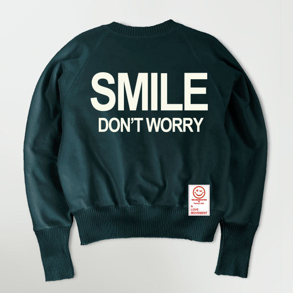 【Perfect ribs×A LOVE MOVEMENT】"SMILE DON'T WORRY" Strange Sleeve Crew Neck Sweat Shirt / Charcoal Green×Soft Pearl (ストレンジスリーブ クルーネック スウェット/チャコールグリーン×ソフトパール)