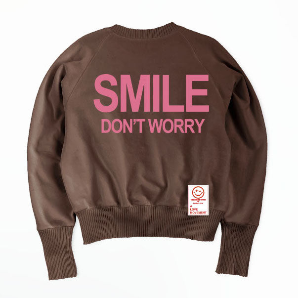 【Perfect ribs×A LOVE MOVEMENT】"SMILE DON'T WORRY" Strange Sleeve Crew Neck Sweat Shirt / Brown×Pastel Pink (ストレンジスリーブ クルーネック スウェット/ブラウン×パステルピンク)