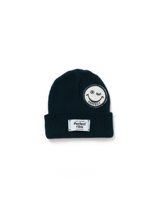 【Perfect ribs®︎×A LOVE MOVEMENT】"SMILE Patch" Rib Beanie Cap / Charcoal Green×White (リブ ビーニー キャップ/チャコールグリーン×ホワイト)