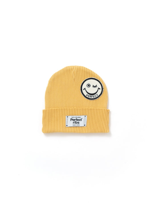 【Perfect ribs®︎×A LOVE MOVEMENT】"SMILE Patch" Rib Beanie Cap / Yellow×White (リブ ビーニー キャップ/イエロー×ホワイト)