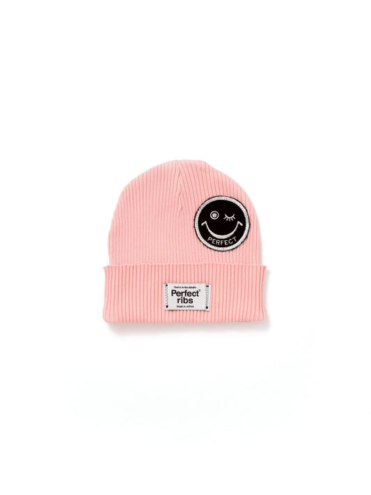 【Perfect ribs®︎×A LOVE MOVEMENT】"SMILE Patch" Rib Beanie Cap / Pink×Black (リブ ビーニー キャップ/ピンク×ブラック)