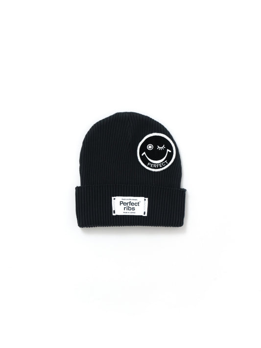 【Perfect ribs®︎×A LOVE MOVEMENT】"SMILE Patch" Rib Beanie Cap / Black×Black (リブ ビーニー キャップ/ブラック×ブラック)