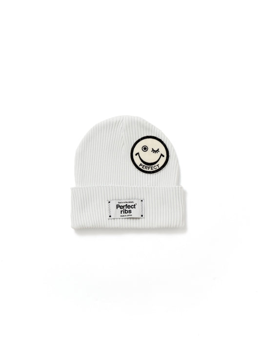 【Perfect ribs®︎×A LOVE MOVEMENT】"SMILE Patch" Rib Beanie Cap / Cloud White×White (リブ ビーニー キャップ/クラウドホワイト×ホワイト)