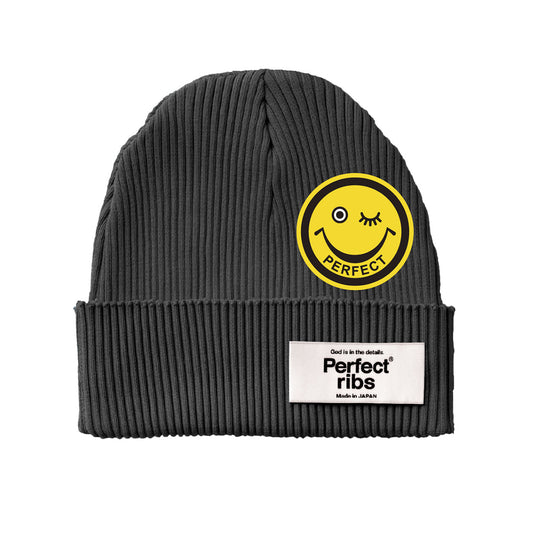 【Perfect ribs®︎×A LOVE MOVEMENT】”SMILE Patch" Rib Beanie Cap / Vintage Black (リブ ビーニー キャップ/ヴィンテージブラック)