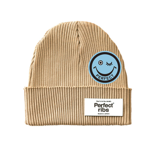 【Perfect ribs®︎×A LOVE MOVEMENT】”SMILE Patch" Rib Beanie Cap / Light Brown (リブ ビーニー キャップ/ライトブラウン)