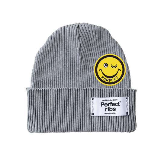 【Perfect ribs®︎×A LOVE MOVEMENT】”SMILE Patch" Rib Beanie Cap / Top Gray (リブ ビーニー キャップ/トップグレー)