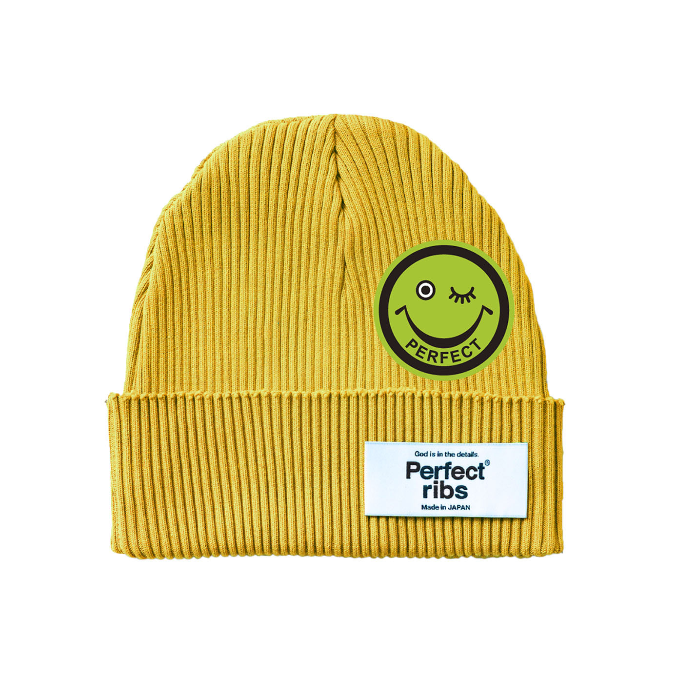 【Perfect ribs®︎×A LOVE MOVEMENT】”SMILE Patch" Rib Beanie Cap / Vintage Yellow (リブ ビーニー キャップ/ヴィンテージイエロー)