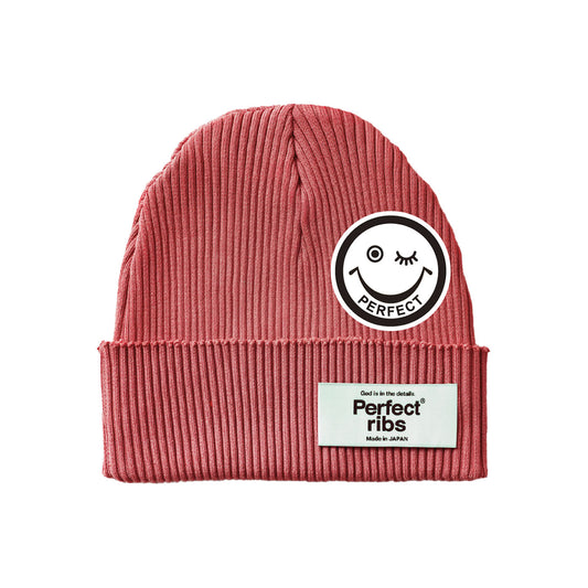 【Perfect ribs®︎×A LOVE MOVEMENT】”SMILE Patch" Rib Beanie Cap / Vintage Red (リブ ビーニー キャップ/ヴィンテージレッド)