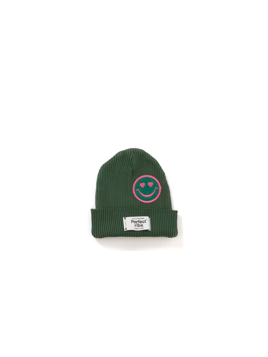 【Perfect ribs®︎×A LOVE MOVEMENT】"LOVE Smile Patch" Basic Rib Beanie Cap / Olive Green(ベーシック リブビーニーキャップ/オリーブグリーン)