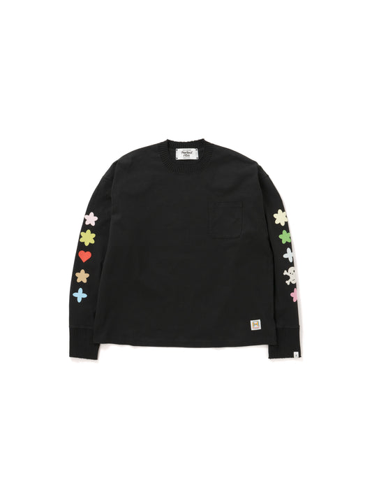 【Perfect ribs®︎ × HAROSHI】"FLOWER LOVE PUNCH" Basic Long Sleeve Pocket T shirts / Black(ベーシックロングスリーブポケットティーシャツ/ブラック)
