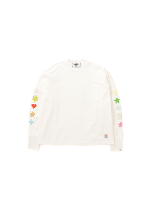 【Perfect ribs®︎ × HAROSHI】"FLOWER LOVE PUNCH" Basic Long Sleeve Pocket T shirts  / White(ベーシックロングスリーブポケットティーシャツ/ホワイト)