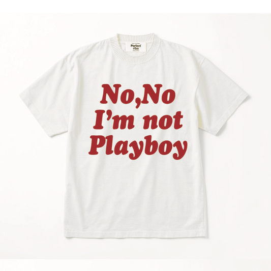 【Perfect ribs×A LOVE MOVEMENT】"No No I’ m not Playboy" Basic Short Sleeve T Shirt / White×Red (ベーシック ショートスリーブ ティーシャツ/ホワイト×レッド)