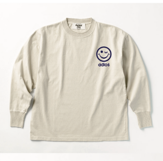 【Perfect ribs×A LOVE MOVEMENT】"SMILE DON’ T WORRY" Basic Long Sleeve T Shirt / Oatmeal×Navy Blue (ベーシック ロングスリーブ ティーシャツ/オートミール×ネイビーブルー)