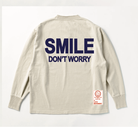 【Perfect ribs×A LOVE MOVEMENT】"SMILE DON’ T WORRY" Basic Long Sleeve T Shirt / Oatmeal×Navy Blue (ベーシック ロングスリーブ ティーシャツ/オートミール×ネイビーブルー)