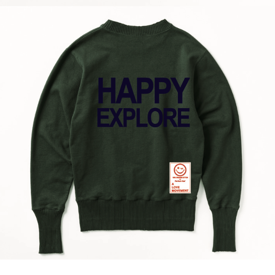 【Perfect ribs×A LOVE MOVEMENT】"ADIOS,HAPPY EXPLORE" Basic Crew Neck Sweat Shirt / Vintage Green×Ink Blue (ベーシック クルーネック スウェット/ヴィンテージグリーン×インクブルー)