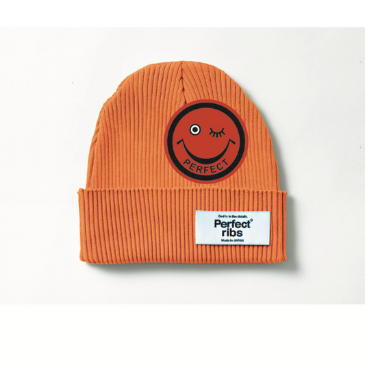 【Perfect ribs×A LOVE MOVEMENT】"SMILE Patch" Rib Beanie Cap / Orange×Red (リブ ビーニー キャップ/オレンジ×レッド)