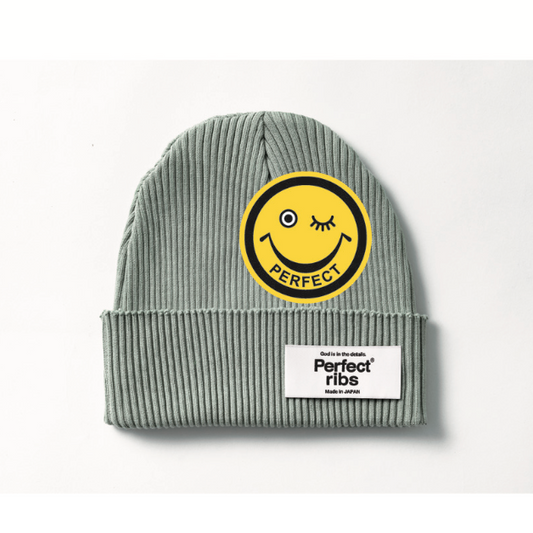 【Perfect ribs×A LOVE MOVEMENT】"SMILE Patch" Rib Beanie Cap / Gray×Yellow (リブ ビーニー キャップ/グレー×イエロー)