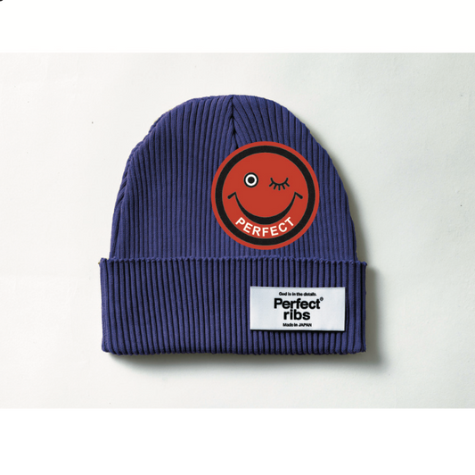 【Perfect ribs×A LOVE MOVEMENT】"SMILE Patch" Rib Beanie Cap / Vintage Navy×Red (リブ ビーニー キャップ/ヴィンテージネイビー×レッド)