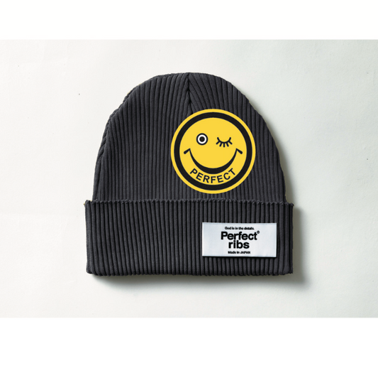 【Perfect ribs×A LOVE MOVEMENT】"SMILE Patch" Rib Beanie Cap / Vintage Black×Yellow (リブ ビーニー キャップ/ヴィンテージブラック×イエロー)