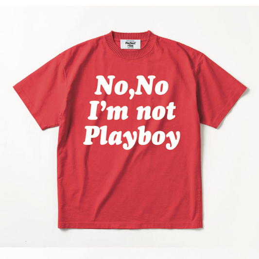 【Perfect ribs×A LOVE MOVEMENT】"No No I’ m not Playboy" Basic Short Sleeve T Shirt / Red×White (ベーシック ショートスリーブ ティーシャツ/レッド×ホワイト)